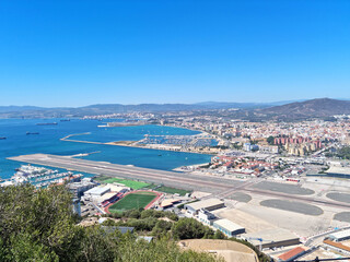 Aerial view of Gibraltar airport with the Conception Line in the background