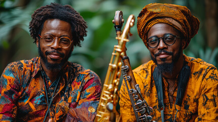 Two musicians in vibrant outfits with saxophones enjoying their craft outdoors