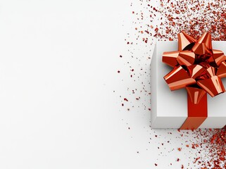 A 3D conceptual rendering of a white gift box, either viewed from the top or fully open, tied with a red ribbon bow, set against a dark red background with minimalistic shadowing