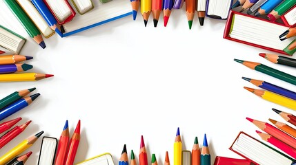 A colorful arrangement of pencils and notebooks creates a vibrant border around a blank space, ideal for creative projects or educational use.
