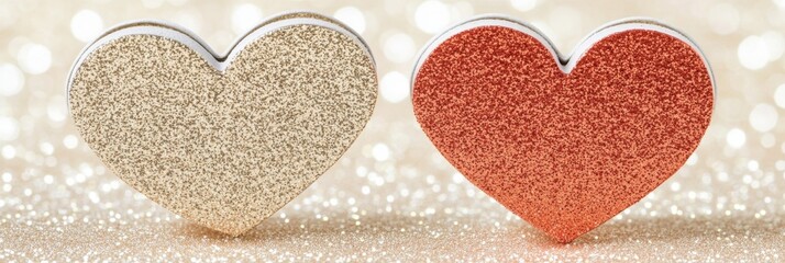 Obraz premium For Valentine's day, a banner with two pink glitter hearts set against a bokeh lights background