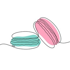 Macaroons cookie biscuit line continuous drawing. One line illustration. Hand drawn linear silhouette of macaroons.