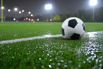Obraz premium Rain-soaked soccer ball on field under bright stadium lights during a nighttime match