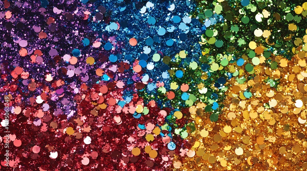 Poster vibrant rainbow glitter texture with shiny sequins in a dazzling display of color and sparkle.