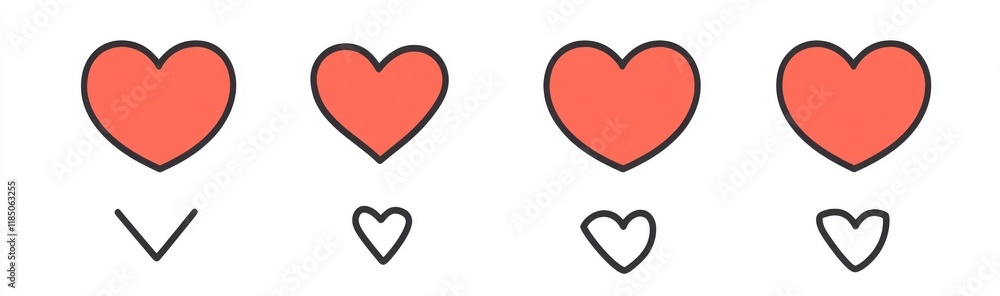 Poster collection of heart lines in a hand-drawn doodle format with a linear red hue, isolated on a transpa