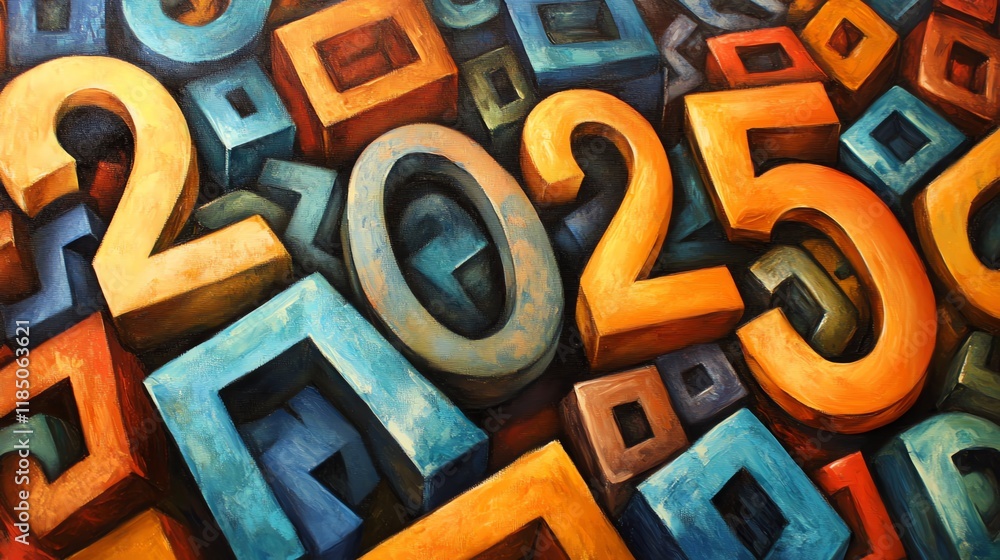 Poster a colorful abstract representation of the numbers 2025, emphasizing creativity and future.