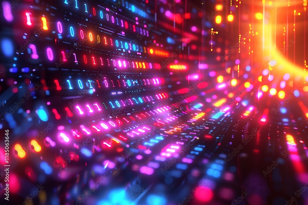 Poster abstract digital tunnel with glowing binary code and vibrant lights.