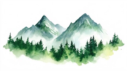 A serene watercolor landscape featuring majestic green mountains and lush evergreen trees.
