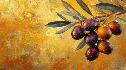 Lush olives glisten under a warm golden glow amidst vibrant textures and shades of nature's palette