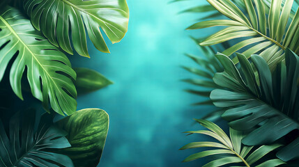 Lush green tropical leaves frame a serene turquoise background in a vibrant nature setting