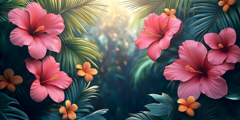 Bright pink hibiscus flowers surrounded by lush green foliage in a tropical setting during golden hour