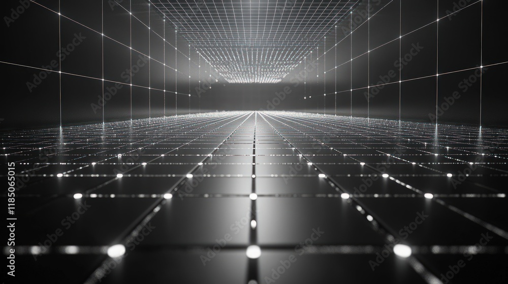 Poster abstract grid pattern, glowing lines and dots forming a perspective tunnel.