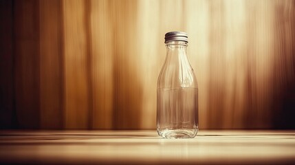 Clear Water Bottle Reflecting Light on a Wooden Surface With Tranquil Vibes