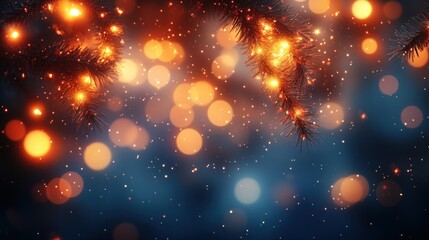 Naklejka premium Festive Christmas lights bokeh background with pine branches.