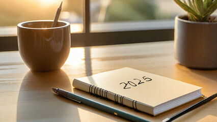 Goal Setting: Notebook with &lsquo;2025 Goals&rsquo; Written on page. Background copy space