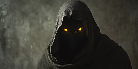 A close-up of piercing, glowing yellow eyes peering from beneath a shadowy hooded cloak, evoking a chilling, mysterious, and suspenseful ambiance