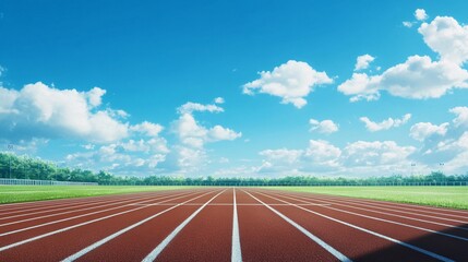 Running track in green stadium with blue sky and clouds