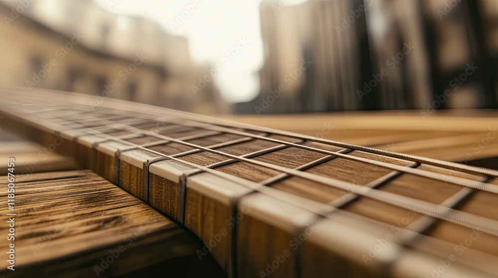 Poster detailed guitar strings and frets showcase craftsmanship on a wooden surface