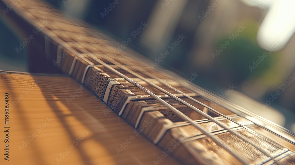 Poster exploring the intricate beauty of acoustic guitar strings and frets on a rustic wooden surface