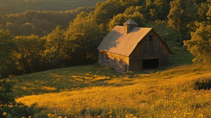 As the sun sets, a weathered barn stands tall amidst tall grasses, bathed in warm golden light. The tranquil landscape captures the beauty of nature's evening embrace