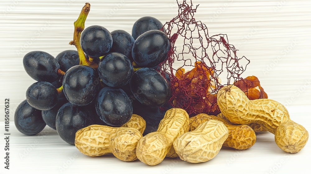 Aufkleber delightful arrangement of peanuts and grapes showcasing textures on a white background