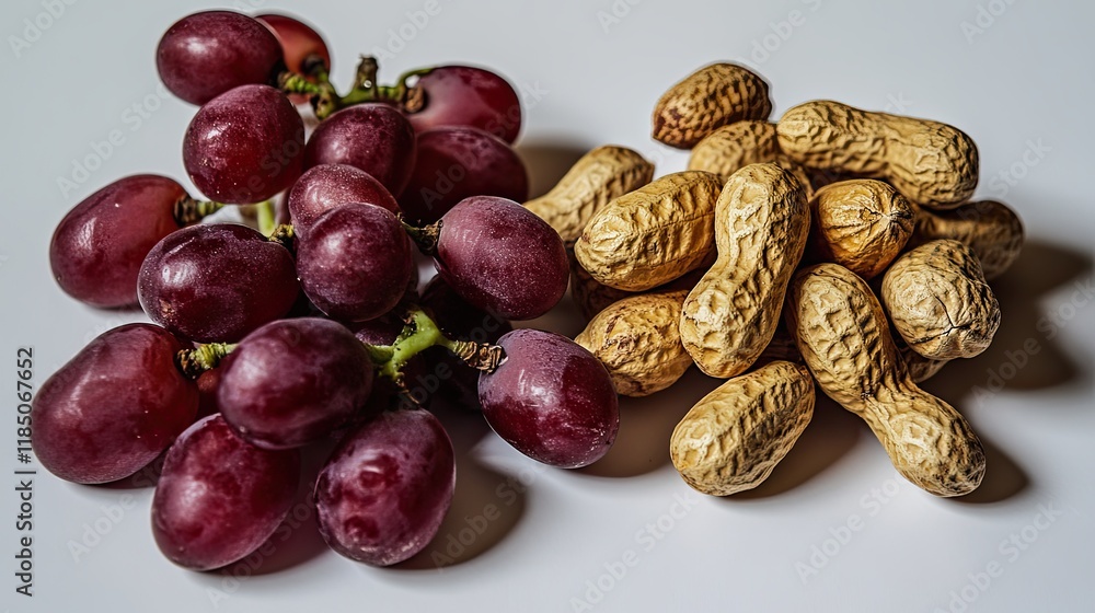 Aufkleber peanuts arranged next to a vibrant bunch of grapes on a clean white surface showcasing textures