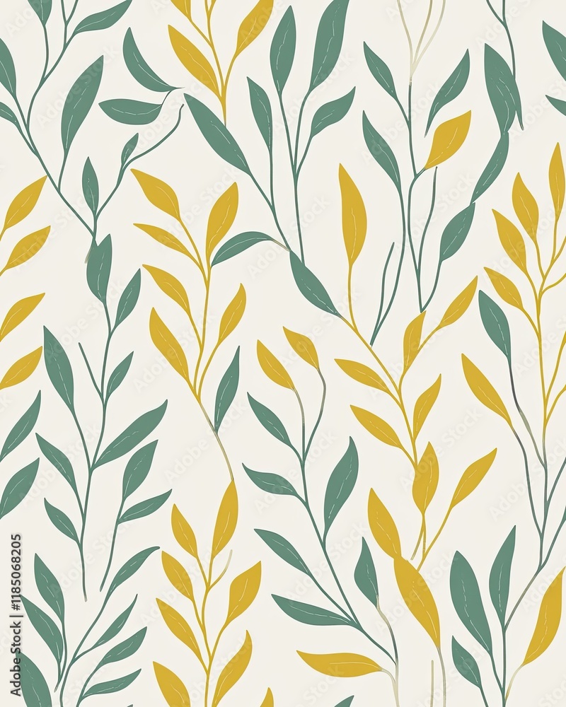 Poster repeating pattern of lush green leaves creating a serene natural vibe on a bright white backdrop