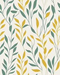 Repeating Pattern of Lush Green Leaves Creating a Serene Natural Vibe on a Bright White Backdrop