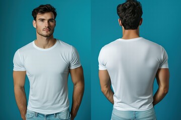 A man wearing a plain white t-shirt and light blue jeans, posing against a solid teal background. The image shows both front and back views of the t-shirt.