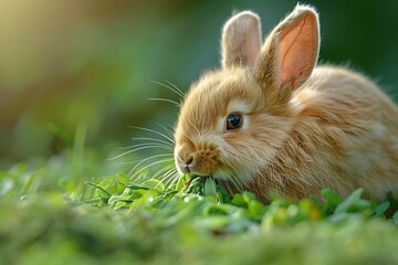 Fototapeta premium Adorable orange bunny rabbit eating fresh green grass outdoors in sunlight.