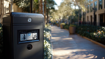 A close-up of a recycling bin with clear labels for paper, plastic, and glass, in a well-maintained public space