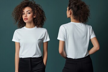 A young woman with curly hair poses in a plain white t-shirt mockup and black pants against a teal background. She is shown from the front and back, highlighting the t-shirt's fit and style.