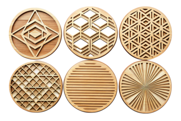 Set of intricately laser cut wooden coasters with geometric and symmetrical designs, showcasing fine craftsmanship and modern aesthetics