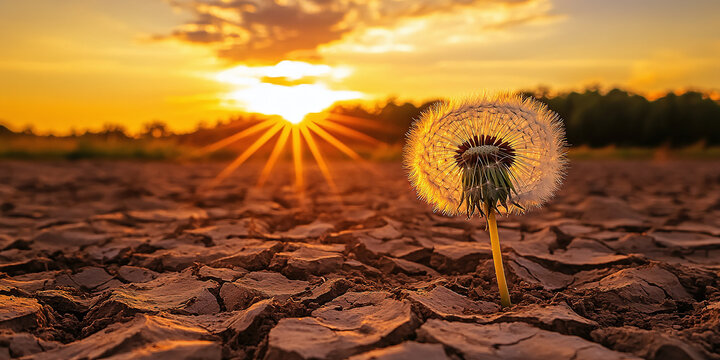 A single dandelion seed head growing on cracked, dry soil during sunset. The golden sunlight enhances the contrast between the delicate flower and parched earth.