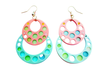 Vibrant laser cut acrylic earrings with colorful geometric shapes and perforated designs, set against a bright pastel background