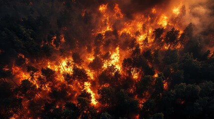 Obraz premium Aerial view of wildfire engulfing forest, intense flames and smoke.