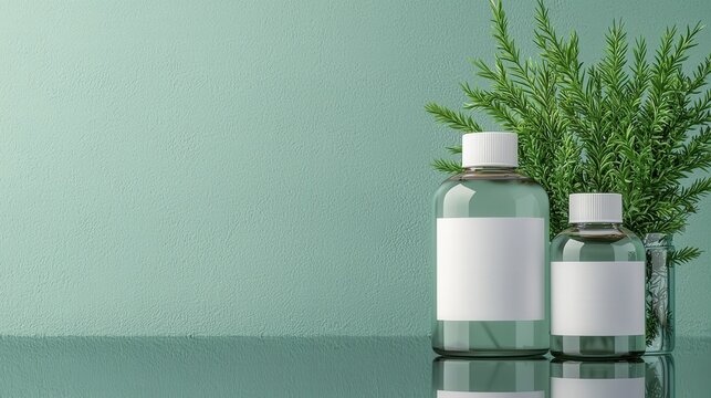 Product display packaging and organized, Two glass bottles with blank labels sit beside a green plant on a reflective surface against a soft green backdrop.