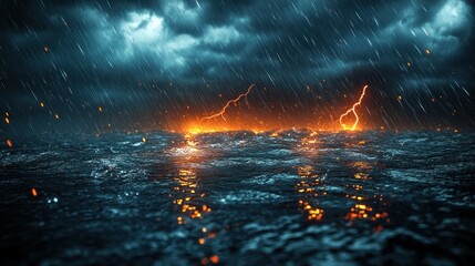 Fiery rain storm landscape with dramatic lighting and stormy clouds.