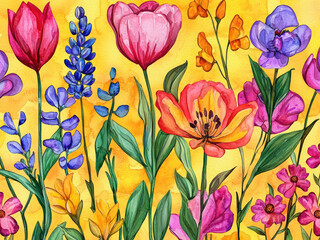 watercolor floral arrangement with vivid spring flowers, blooming meadow botanical illustration, perfect for wedding invitations