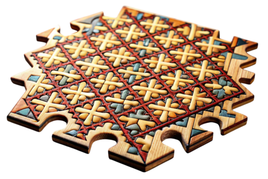 Colorful and detailed laser cut wooden puzzle tiles featuring traditional motifs and symmetrical designs for unique decor or gameplay