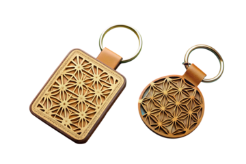 Geometric and floral laser cut keychains crafted from wood and leather, ideal for elegant and modern style enthusiasts