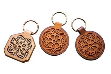 Modern decorative keychains with laser cut precision patterns on wood and leather, adding a stylish touch to your essentials