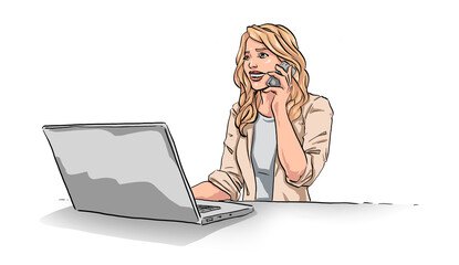 Handmade Illustration of beautiful Woman sitting in front of her Notebook with Cell Phone
