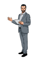 Handmade Illustration of a happy Man holding Tablet Computer 03