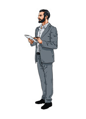 Handmade Illustration of a happy Man holding Tablet Computer 02