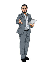 Handmade Illustration of a happy Man holding Tablet Computer 01