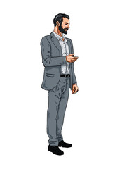 Handmade Illustration of a happy Business Man describing something