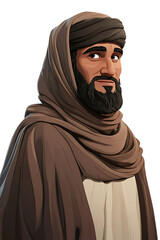 A digital illustration of a man wearing traditional attire and a scarf, smiling gently.