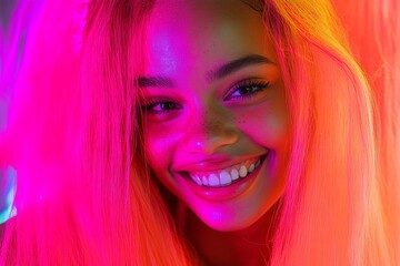 Obraz premium Gorgeous happy mixed-race girl - for ads, banner and internet marketing use. Commercial marketing creative design idea. Long hairdo - straight hair. African elegance beauty concepts.