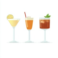 Popular alcoholic cocktails with accompanying decorations and icons, illustrated in a flat style on a white background